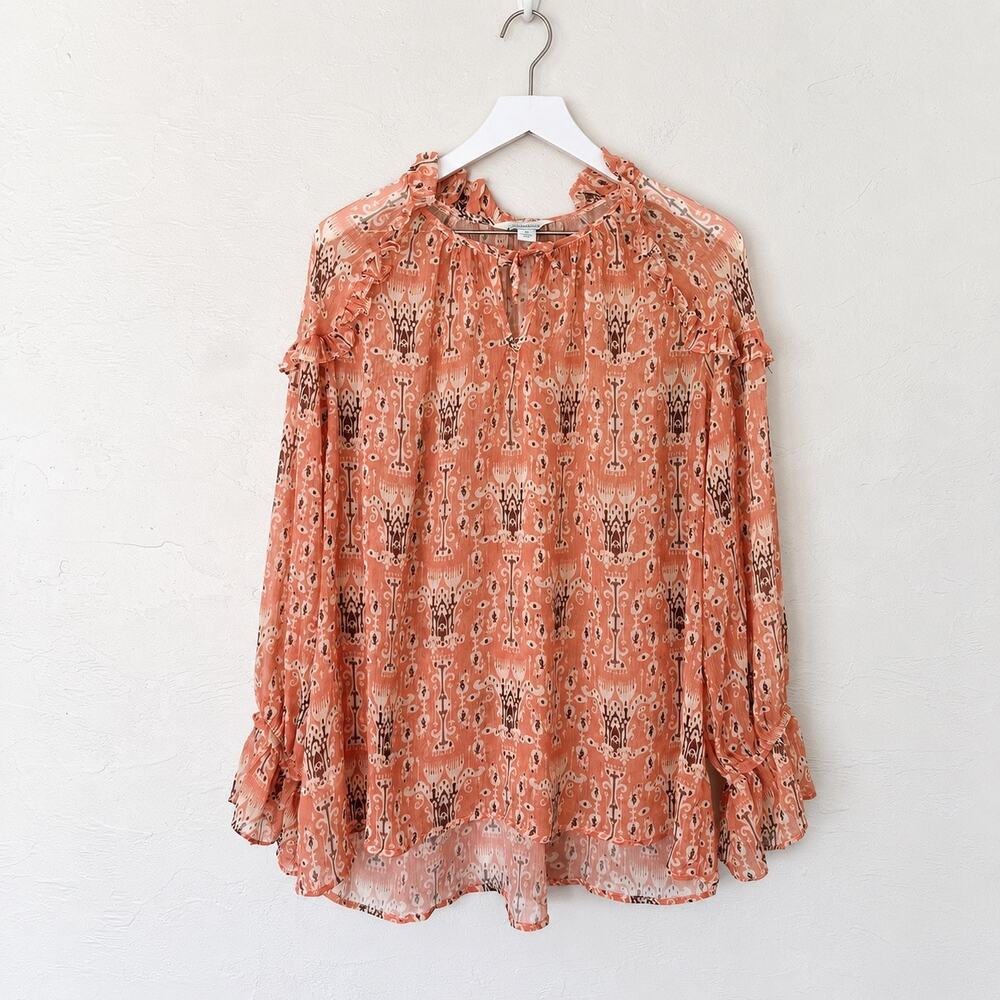 Sundance Coral Printed Sheer Ruffle Tie Neck Boho Blouse Medium